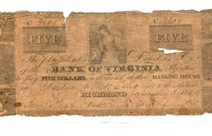 $5 "BANK OF VIRGINIA" (RICHMOND)  1800'S $5 "BANK OF VIRGINIA" 1800S $5 - Picture 1 of 3
