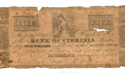 $5 "BANK OF VIRGINIA" (RICHMOND)  1800'S $5 "BANK OF VIRGINIA" 1800S $5 - Image 1 of 3