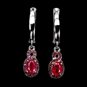 925 Sterling Silver Earrings Oval Ruby 6x4mm Ruby Diamond Cut Gemstone Jewelry - Picture 1 of 14