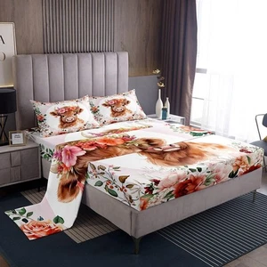 Cute Highland Cow Sheet Set Twin Size Kids Cartoon Animal Sheets with Deep Po... - Picture 1 of 7