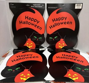 Lote de 4 tarjetas Carlton de carteles de calabaza de gato negro de Halloween decoración de 13x11 pulgadas de colección - Imagen 1 de 6