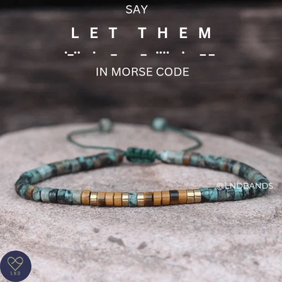 Morse code LET THEM African Turquoise Tiger eye, Adjustable Affirmation Bracelet - Image 1 of 4