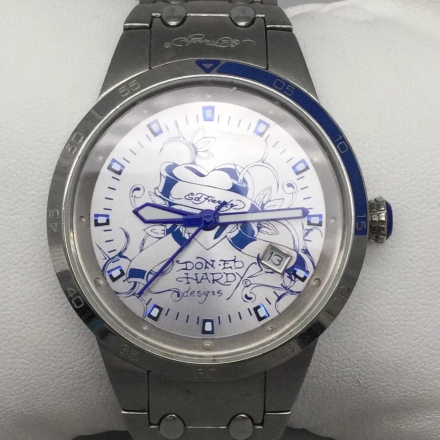 Ed Hardy Watch Mens 38mm Stainless Steel Blue Date CASSF0828 New Battery 7.25" - Image 1 of 4