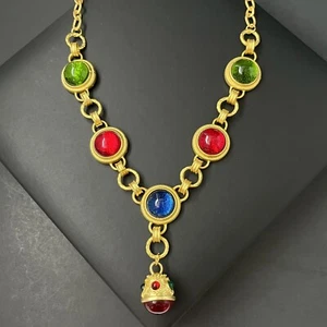 Gripoix Style Glass Necklace Mogul Jewel Tone Matte Gold Y Drop Chain 90s Style - Picture 1 of 12