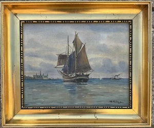 Old oil Painting: Portrait of Sailing Ship Near The Coast With Kronborg Castle - Picture 1 of 4