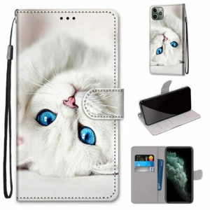 For iPhone 11 12 Pro Max XR XS 6 7 8 SE 2020 White Cat Flip Wallet Phone Case - Picture 1 of 12