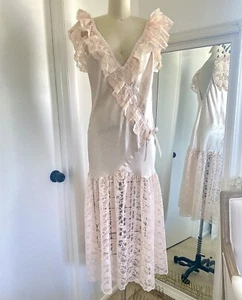 Vintage 80s Romantic Satin Lace Nightgown Lingerie Slip Dress Sz L - Bild 1 von 10