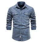 Men's Autumn Blue Denim Shirt Washed Distressed Jacket Long Sleeves New