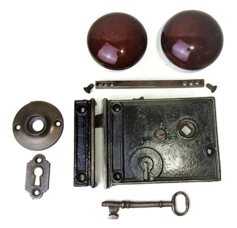 Antique Set Brown Porcelain Door Knobs Surface Mount Mortise Lock Key Escutcheon Cover