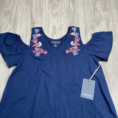 Cherokee Blouse Top Womens Medium Navy Blue Floral Embroidered Cold Shoulder - Image 1 of 4