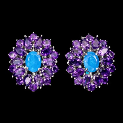 Estate 925 Orecchini Argento Ovale Blu Opale 8x6mm Ametista Gemma Gioielli - Immagine 1 di 4