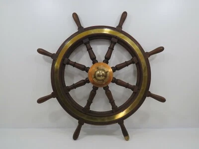 BEAUTIFUL 33+1/2 INCH WOOD & BRONZE SAIL BOAT SHIPS WHEEL (R2/278B)  - Image 1 of 4