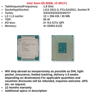 Processeur Intel Xeon E5-2650L v3 SR1Y1 CPU 1.8 Ghz 12 cœurs 30 Mo LGA 2011-3 - Photo 1/3