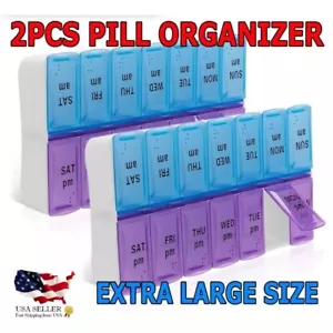 2 Pack Pill Box Extra Large AM/PM Twice a Day Organizer Case Medicine Weekly - Picture 1 of 12