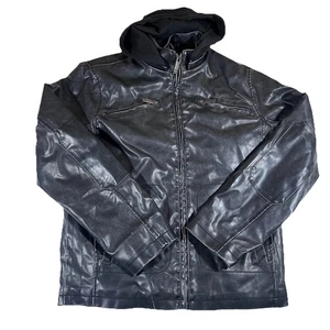 Whispering Smith Faux Leather Hooded Bomber Jacket Distressed Men's Size M - Picture 1 of 13