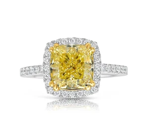 14K White Gold IGI Lab Grown Fancy Vivid Yellow Diamond Ring 3.35 CT Cushion Cut - Picture 1 of 12