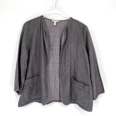Eileen Fisher Cardigan Jacket Womens PL Linen Cotton Gray Boho Classic Basic - Image 1 of 4