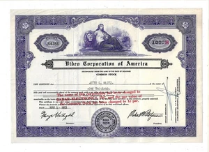 DELAWARE 1953 Video Corporation of America Stock Certificate - Picture 1 of 2