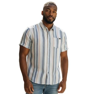 Skylark Men's Shirt Medium Cream Stripe Short Sleeve Beach Linen Logo Pocket - Picture 1 of 13