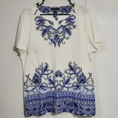 Karen Scott White Blue Paisley Shirt - Image 1 of 4