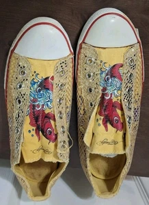 Ed Hardy Fish Graffiti Art Sneakers Net Overlay Shoes Mens Size 6.5 - Picture 1 of 6