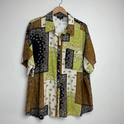 Plus Size Western Boho Bandana Americana Patchwork Button Up Shirt 2X Earth Tone - Image 1 of 4