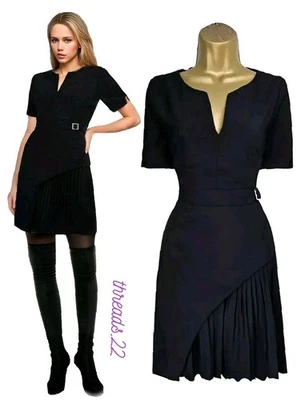 BNWT Karen Millen UK14 US10 Tailored Military Pleat Insert Buckle Dress Black - Image 1 of 4