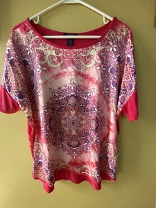 Westbound Women’s Short Sleeve Top Patterned Front Solid Bright Pink Back Size L - Picture 1 of 4