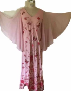 Vtg 70s Shaheen Pink Floral Dress Sheer Angel Sleeves Signed Boho Hippie Size 10 - Picture 1 of 24