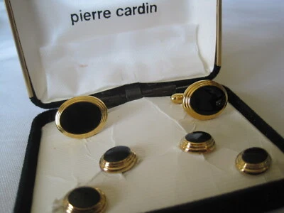 Овальные запонки и запонки Pierre Cardin, золотистые с ониксом, новые из старых запасов - Изображение 1 из 4