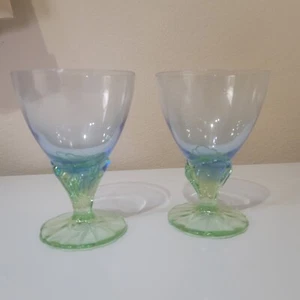 Set Of 2 Blue & Green Bormioli Rocco Bahia Glass Wine Goblets 5-5/8" Italy - Picture 1 of 3