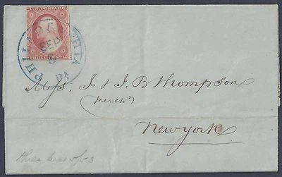 US 1853 Sc 10A ORANGE BROWN TYPE II TIED BLUE PHILADELPHIA PA SEPT 5 CDs ON FOLD - Image 1 of 3