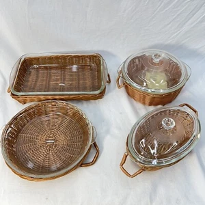 Vintage 1978 10 Piece Glasbake Insert Wickerware Jeanette Ovenware Wicker Basket - Bild 1 von 17