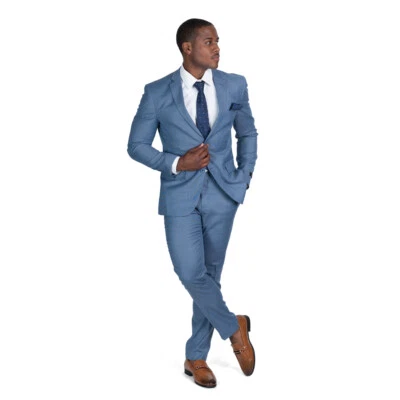 Slim Fit Solid Slate Blue Mens Suit 2 Button Notch Lapel Flat Pants 10036 AZAR  - Image 1 of 4