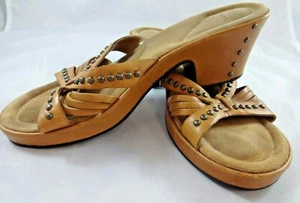 White Mountain Womens Beige Tan Studded Slides Sandals 6.5M Tan Shoes 2.25" Heel - Picture 1 of 8