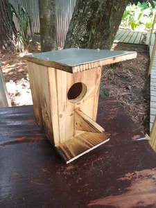 Hermosa casa para pájaros hecha a mano de 10 1/2" de alto pino macizo madera natural quemada - Imagen 1 de 6