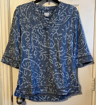 Chico's Blue Paisley Ikat Denim Tunic Size 00(0/2) NWT - Image 1 of 4