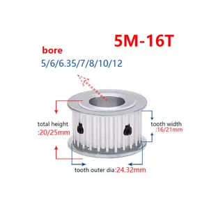 5M 16T Zahnriemenscheibe Zahnrad Kettenrad 5-12 mm Bohrung für 15/20 mm Breite Riemen - Bild 1 von 4