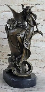 Semi Nude Nymph Girl Figurative Floating Bronze Sculpture Art Statue Flower Vase - Picture 1 of 10