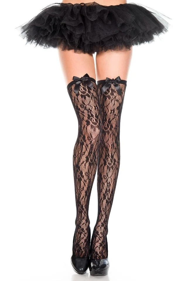sexy MUSIC LEGS sheer FLORAL lace SATIN bow TOP thigh HIGHS hi STOCKINGS nylons - Image 1 of 1