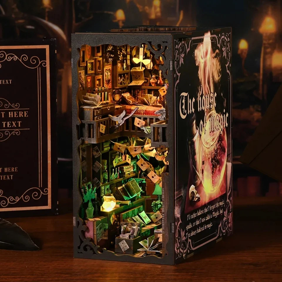 Hágalo usted mismo Kit de rincón de libro rompecabezas de madera Casa mágica Estantería Inserto Decoración Casa de muñecas Foto 1 de 4