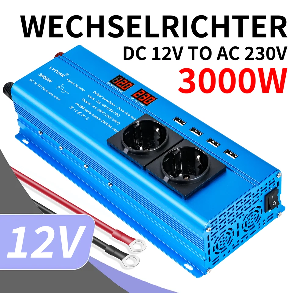 LVYUAN 1500W 3000W Reiner Sinus Wechselrichter 12V auf 230V Spannungswandler 2AC 4USB