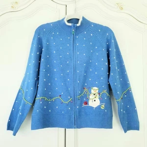 Marisa Christina Blue Snowman Christmas Lights Zip Cardigan Sweater XL NWT - Picture 1 of 8