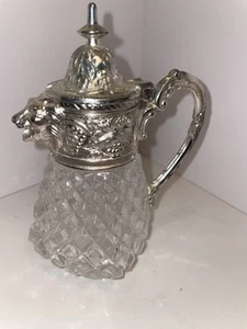 VTG LION HEAD DIAMOND POINT GLASS SYRUP CREAMER PITCHER SILVER PLATED SEE NOTES - Picture 1 of 7