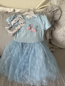 BTWEEN Girls Party Dress w/ 3D Flowers Blue Size 4T NEW w/ Tags & Hair Clip - Picture 1 of 8