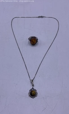 925 Italy Sterling Silver Baltic Amber Pendant Necklace & Oval Ring Size 7 -8.7g - Image 1 of 4