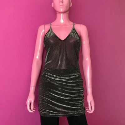 Vintage 90s S/M Mini Dress Black Silver Glitter Bodycon V-Neck Sheer Racerback - Image 1 of 4
