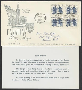 1962 #398 Jean Talon FDC Block Middlesex Stamp Circle Cachet Insert Ottawa - Bild 1 von 3
