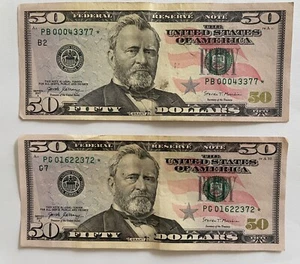 2017 A - Low Star $50 PB 00043377* & PC 01622372* Fifty Dollar Bills Times Two - Picture 1 of 4