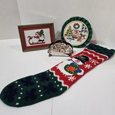 Vtg Christmas Assorted Decoration Lot Stocking Napkin Holder Cross Stitch READ  - Image 1 of 4